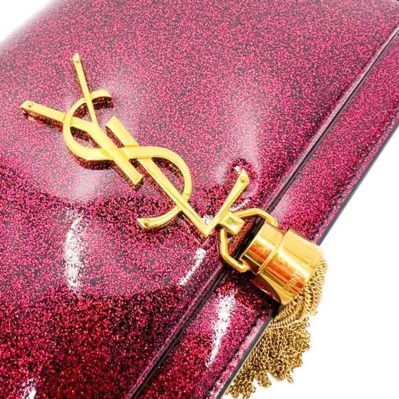 Saint Laurent Monogram Kate Chain Wallet Glitter Tassel Red Patent Leather Shoul - Picture 9 of 12